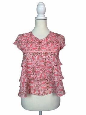 Amy Byer Vintage Pink Paisley Tiered Ruffle Blouse Top USA Made Girls Large